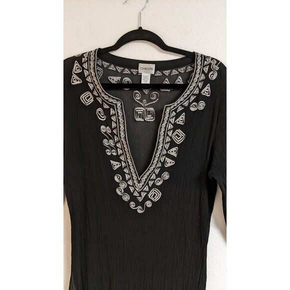 CHICO'S Women's Black Silk Embroidered Deep-V Cover-Up Beach Cruise 10/12 - Picture 2 of 11
